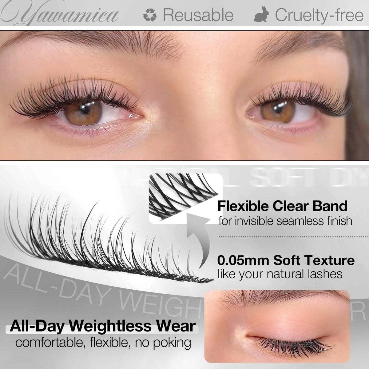 Side view of Yawamica lash clusters applied