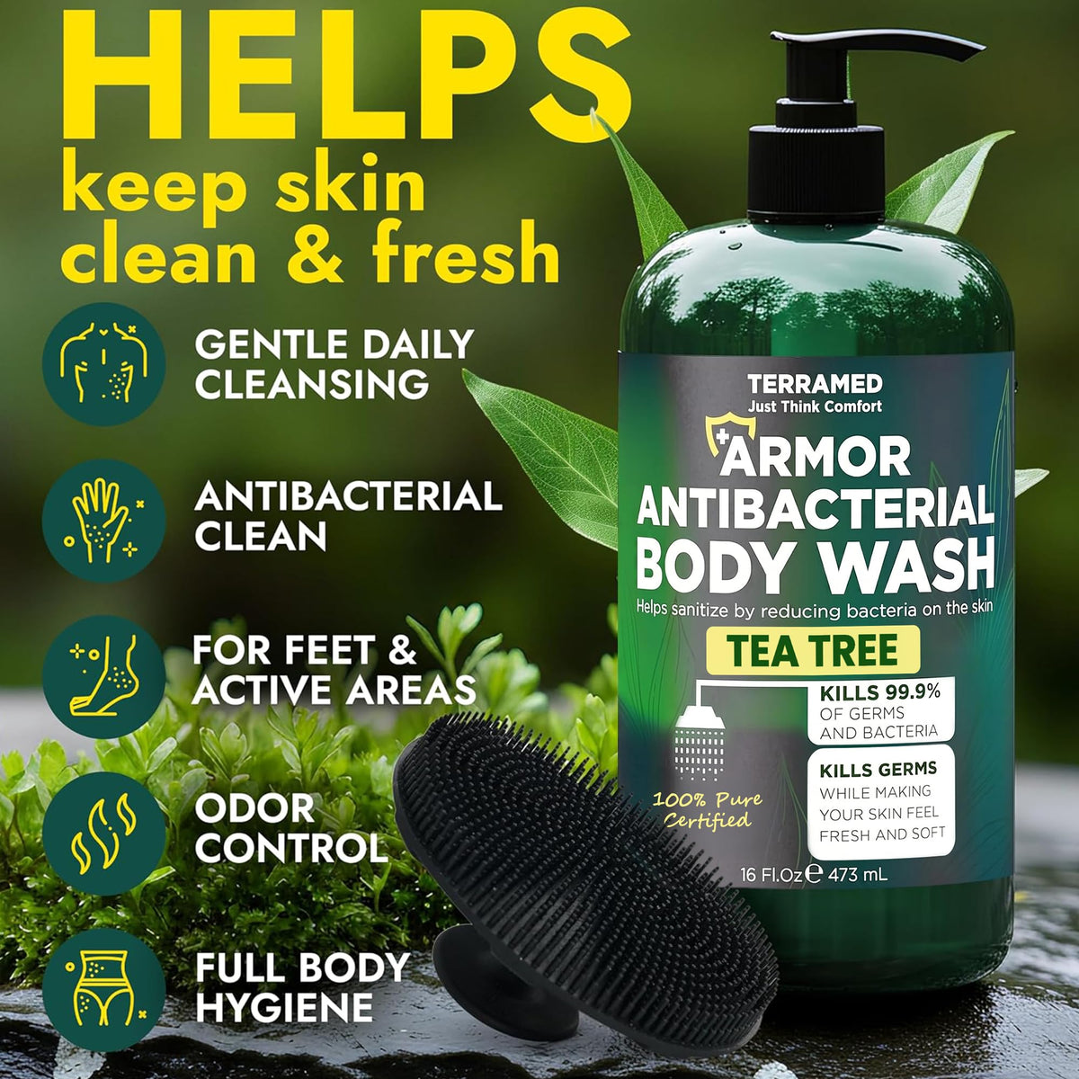Silicone scrubber included with Terramed body wash