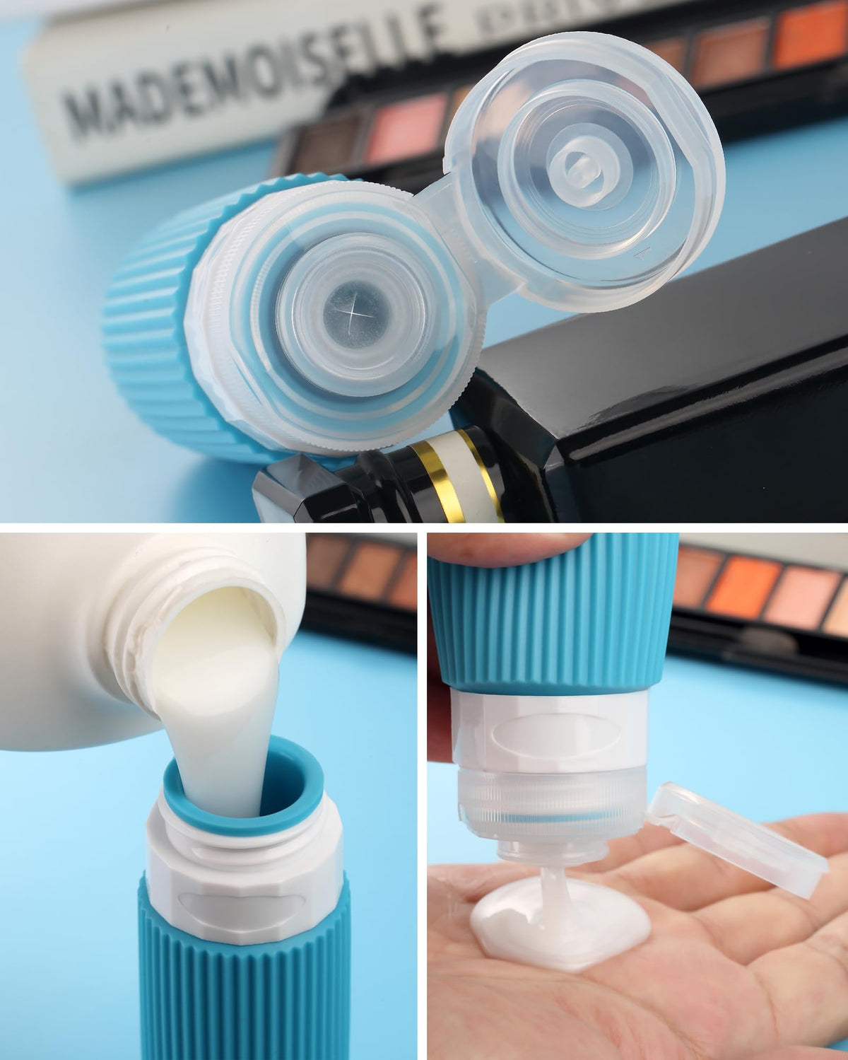 Silicone squeeze bottles and cream jars in clear bag
