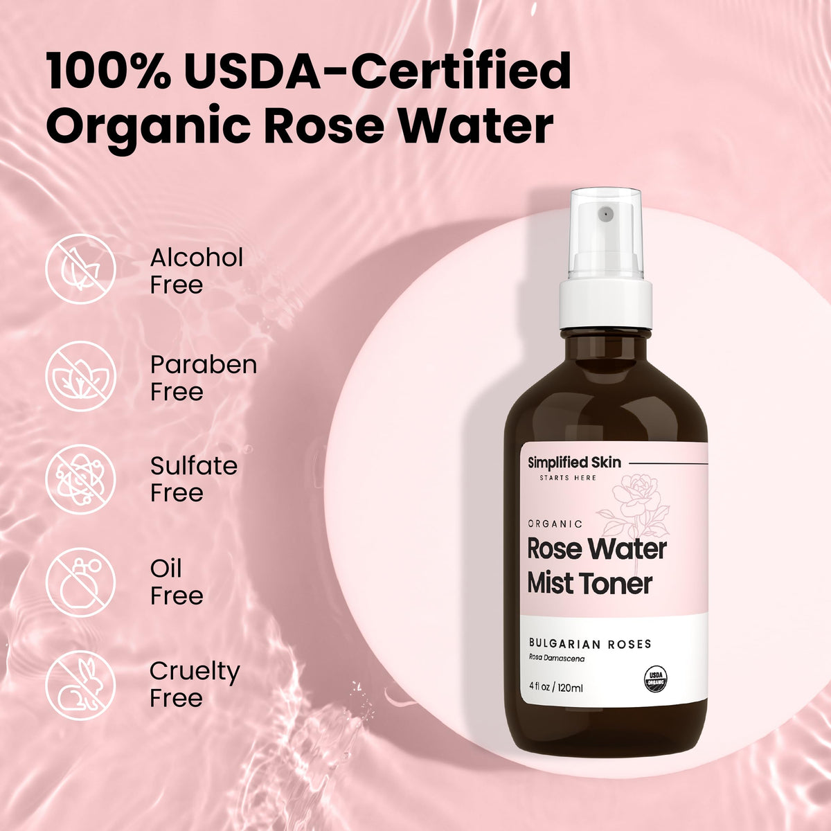 Simplified Skin Rose Water Spray on a vanity
