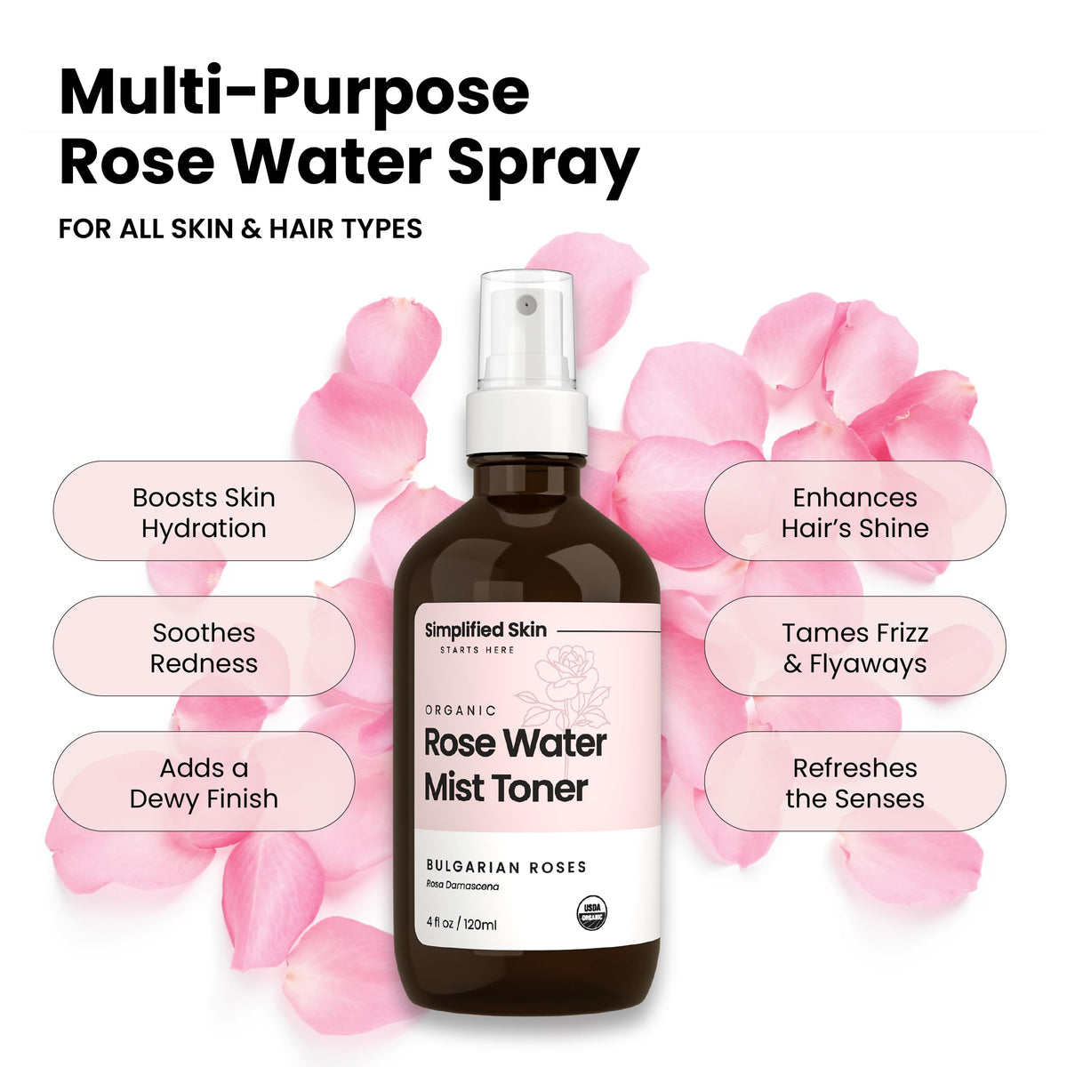 Simplified Skin Rose Water Spray packaging with floral design