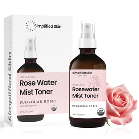 Simplified Skin Rose Water Spray with a makeup setup
