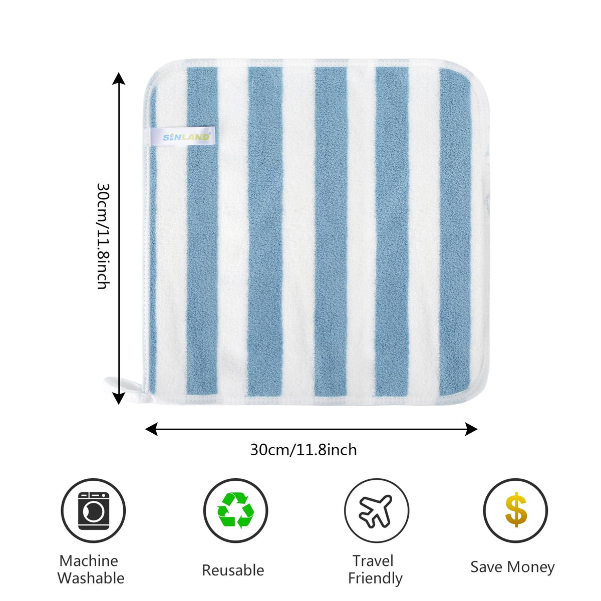 SINLAND Microfiber Facial Cloths folded, showing size 12x12 inches