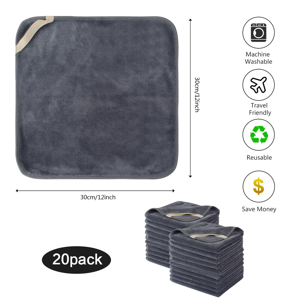 SINLAND Microfiber Facial Cloths grey 12x12 inch packaging