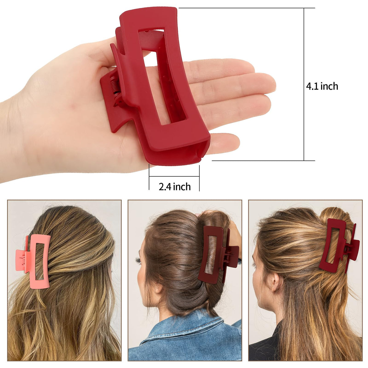Sisiaipu 4 Inch Big Hair Claw Clips in Christmas Red, back view