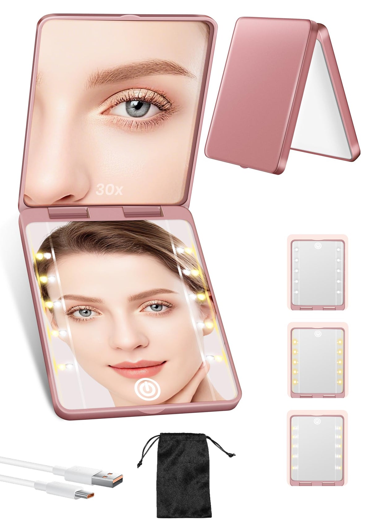 SisKokoro Compact Mirror front view with light and 30X magnification