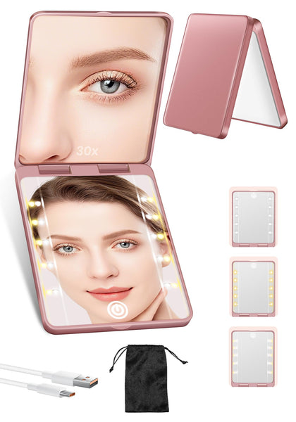 SisKokoro Compact Mirror front view with light and 30X magnification