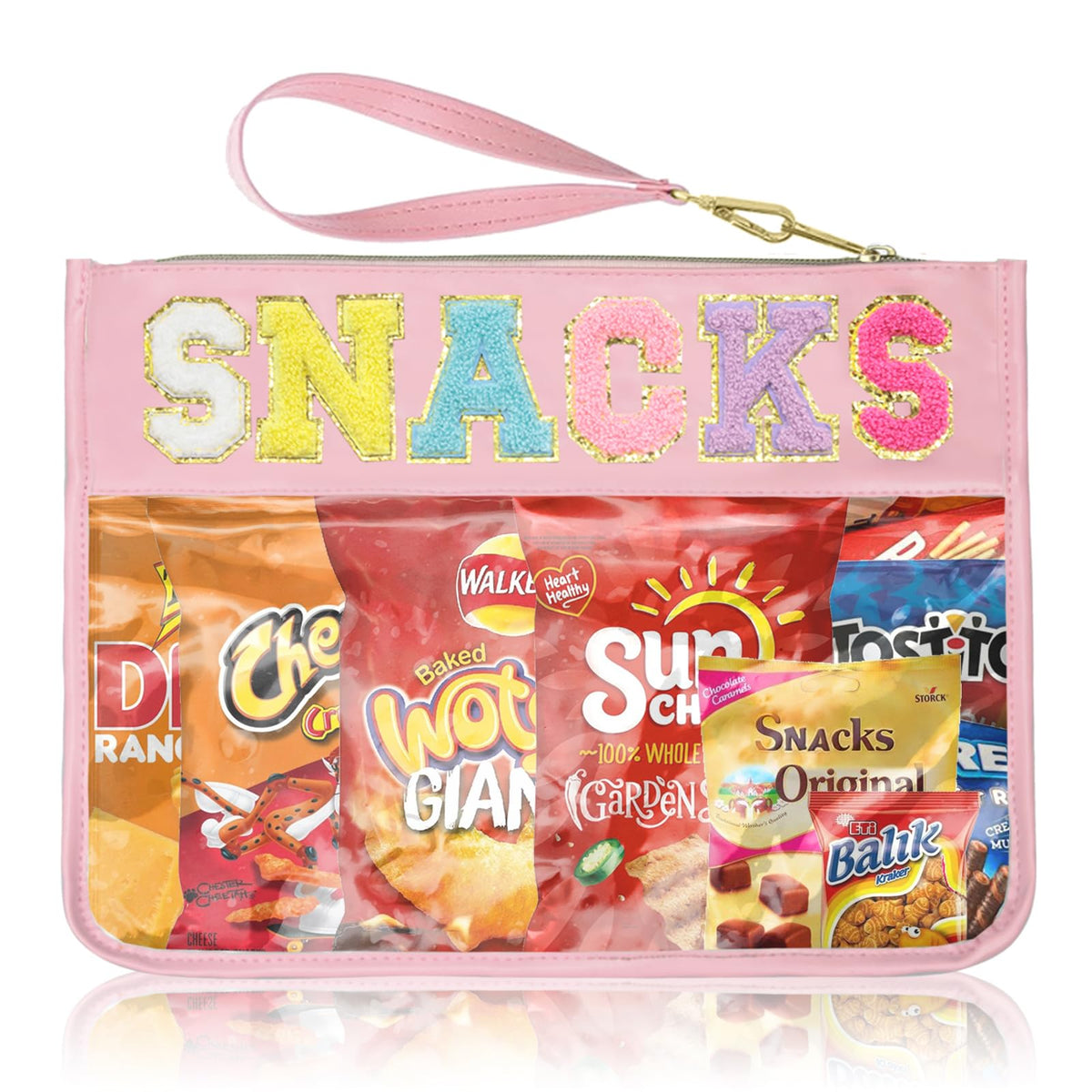 Siwara clear cosmetic bag front view with glitter letters