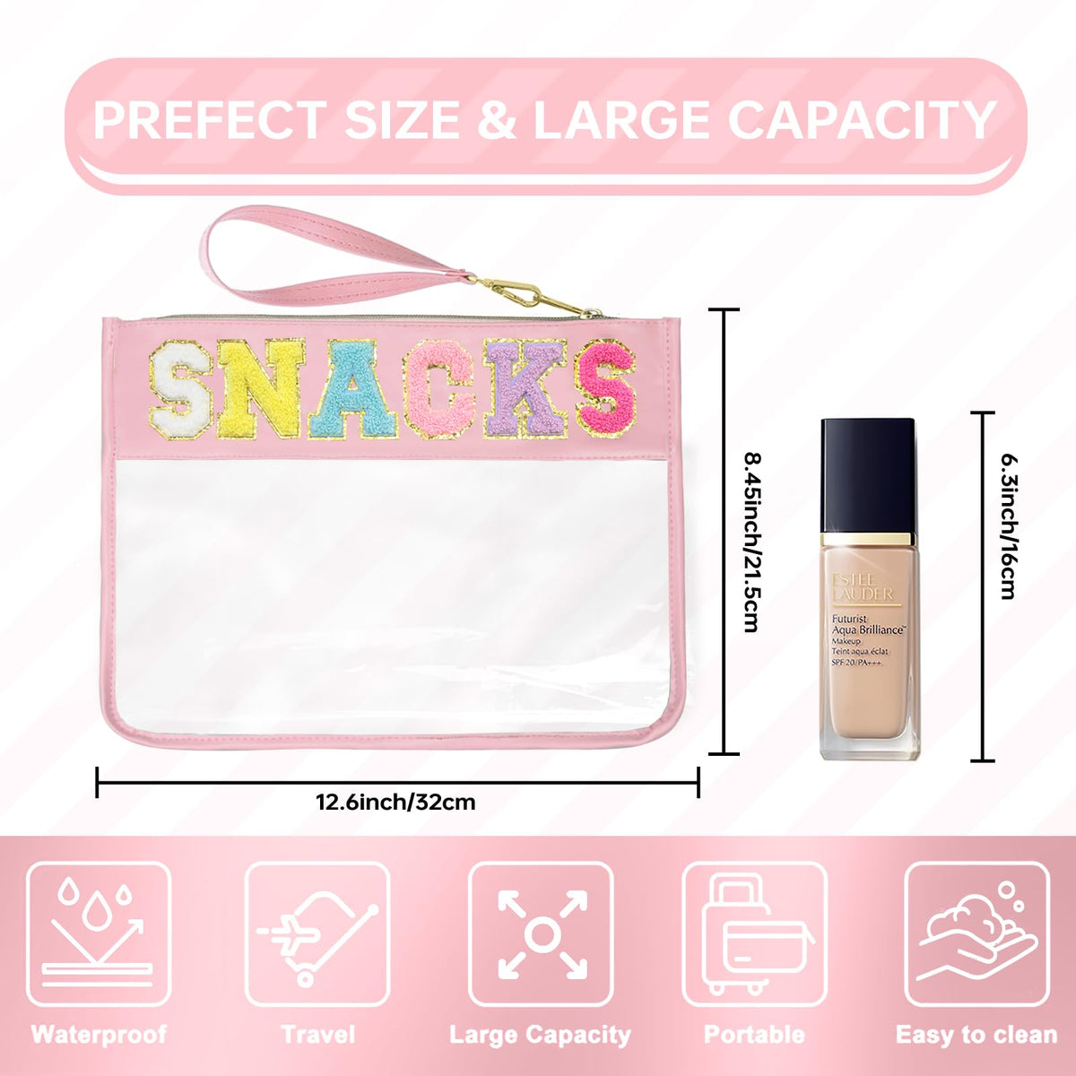 Siwara clear pouch showing zippered closure and glitter detail
