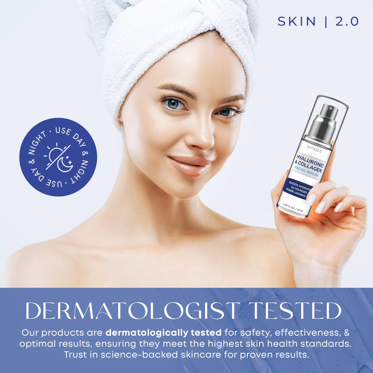 Skin 2.0 serum packaging with ingredients