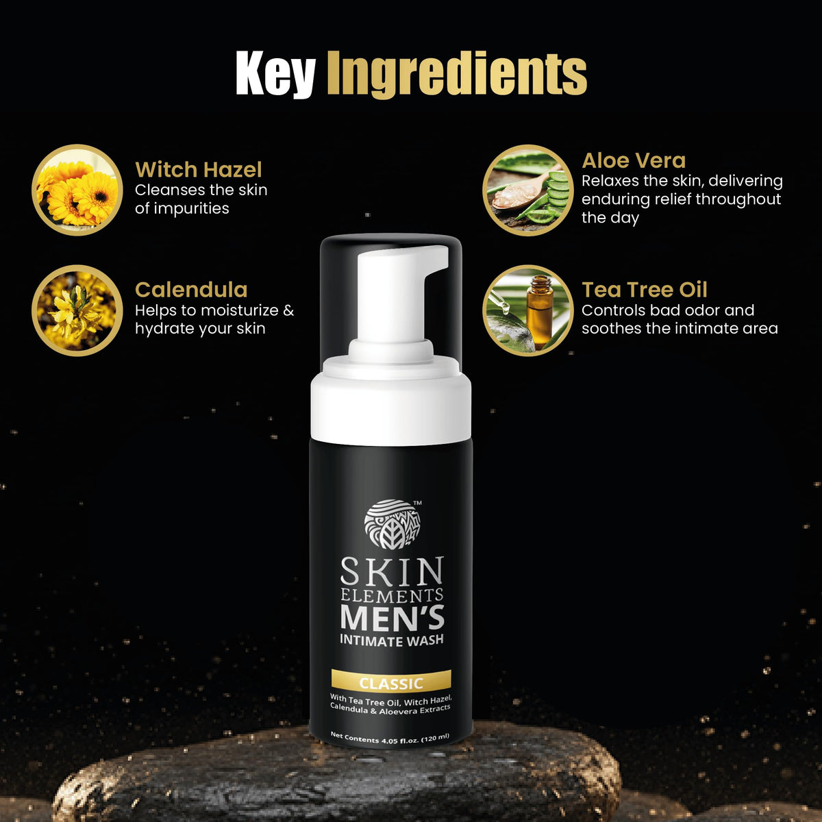 Skin Elements Intimate Wash for Men back view with ingredients