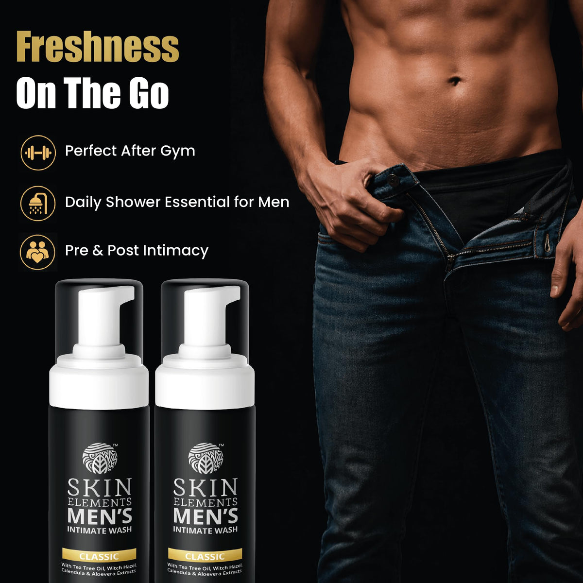 Skin Elements Intimate Wash for Men bottle close-up showing pump