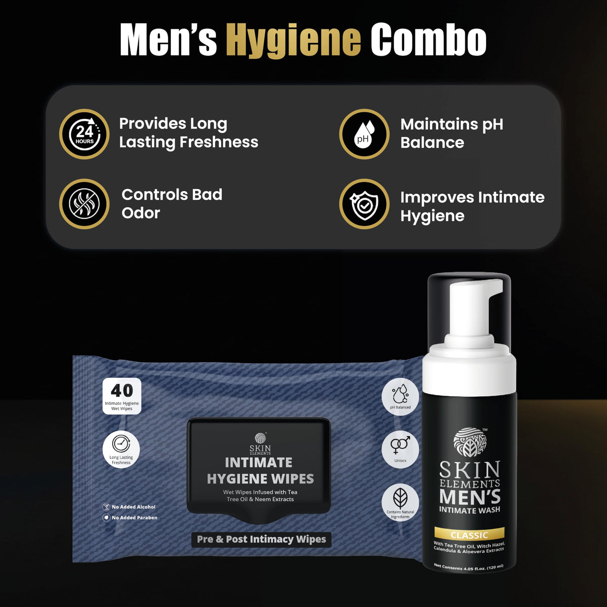 Skin Elements Intimate Wipes packaging with tea tree and neem extracts