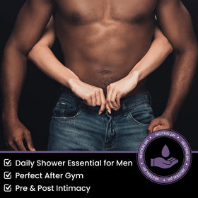 Skin Elements Men's Intimate Wash Combo displayed with fresh Passion Fruit