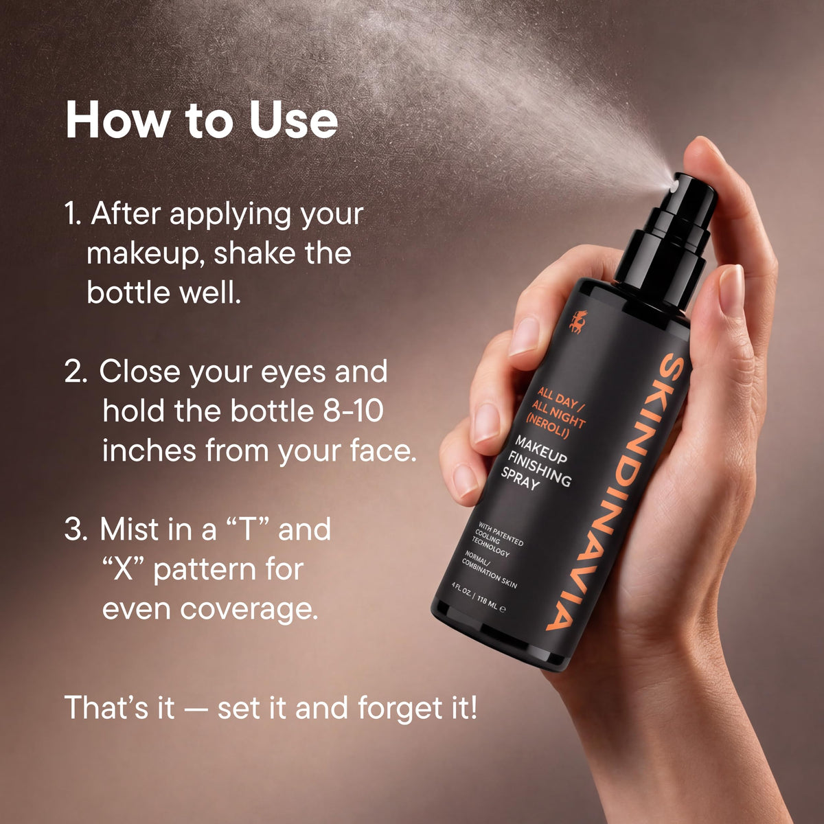 SKINDINAVIA Neroli Setting Spray on a vanity with makeup products