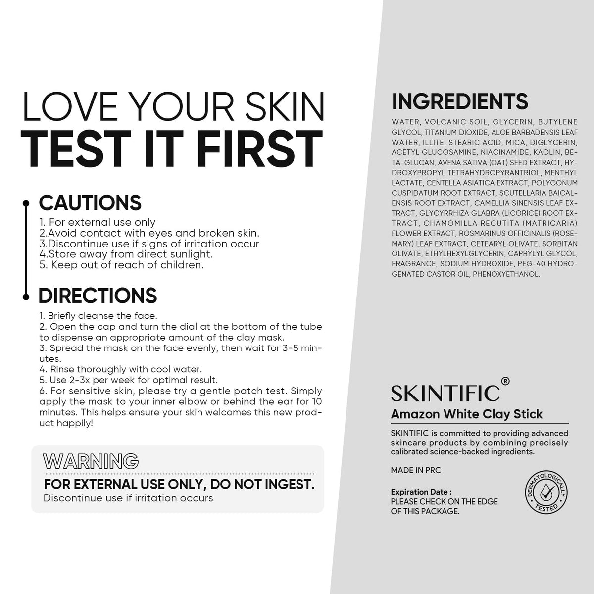 SKINTIFIC Amazonian White Clay Mask Stick application on skin
