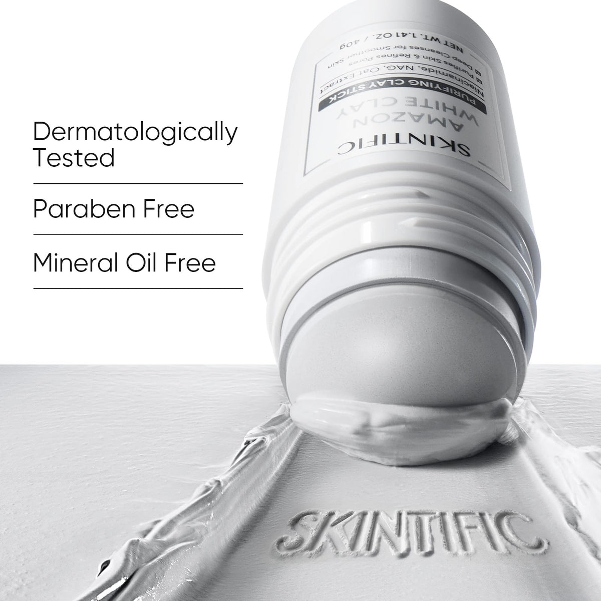 SKINTIFIC Amazonian White Clay Mask Stick in use during skincare routine