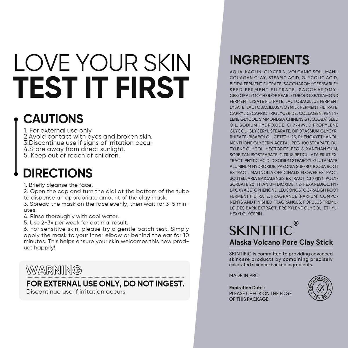 SKINTIFIC mask stick packaging with detailed information