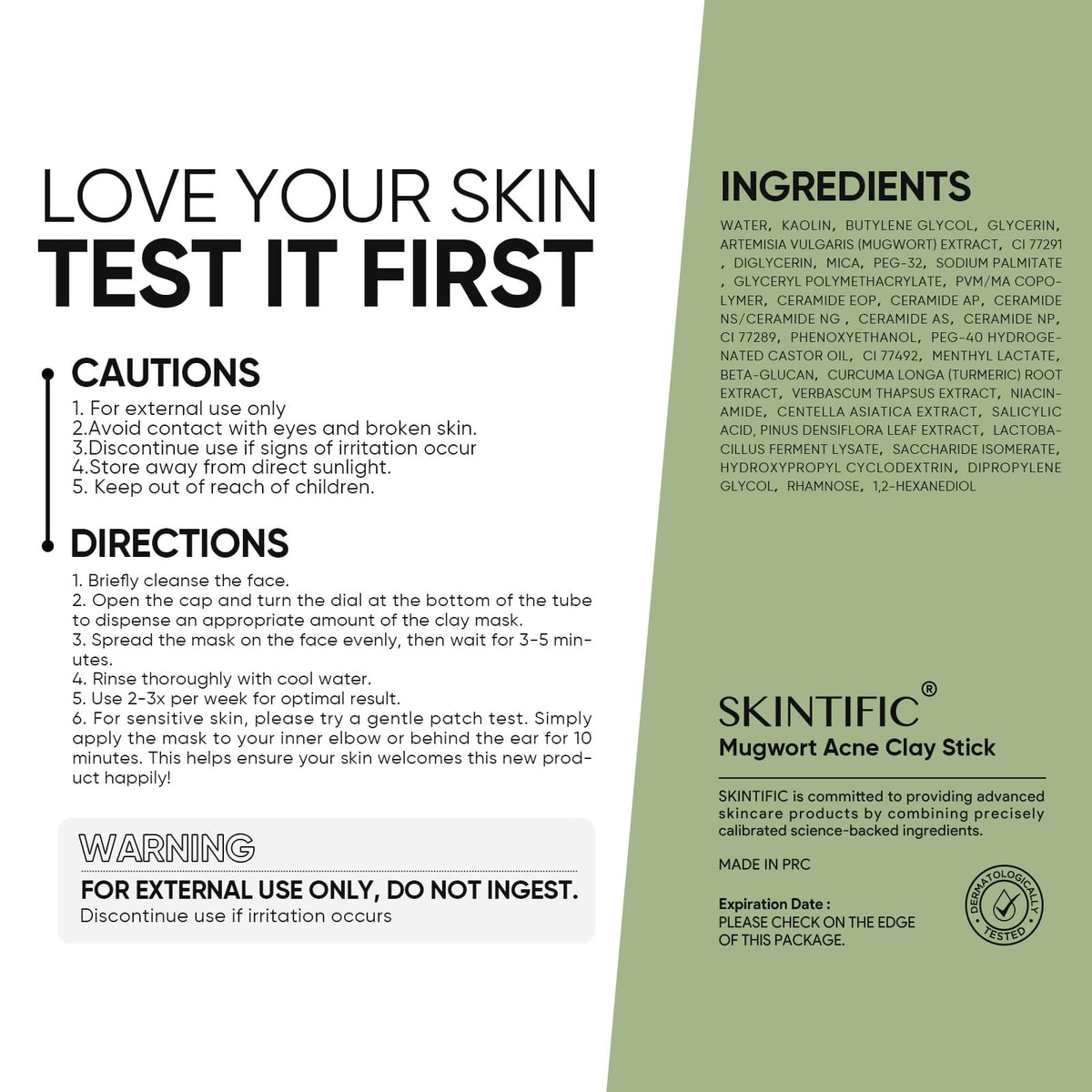 SKINTIFIC Mugwort Clay Stick Face Mask applied on skin