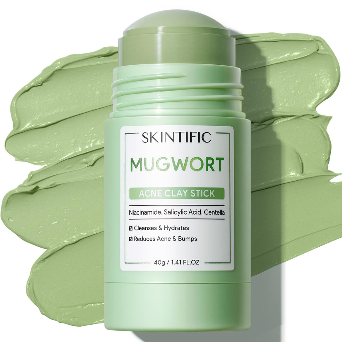 SKINTIFIC Mugwort Clay Stick Face Mask front view with packaging