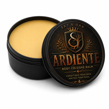 Sky and Oak Ardiente Solid Cologne Balm 4 oz tin front view