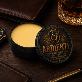 Sky and Oak Ardiente Solid Cologne Balm on grooming table