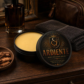 Sky and Oak Ardiente Solid Cologne Balm tin with ingredients