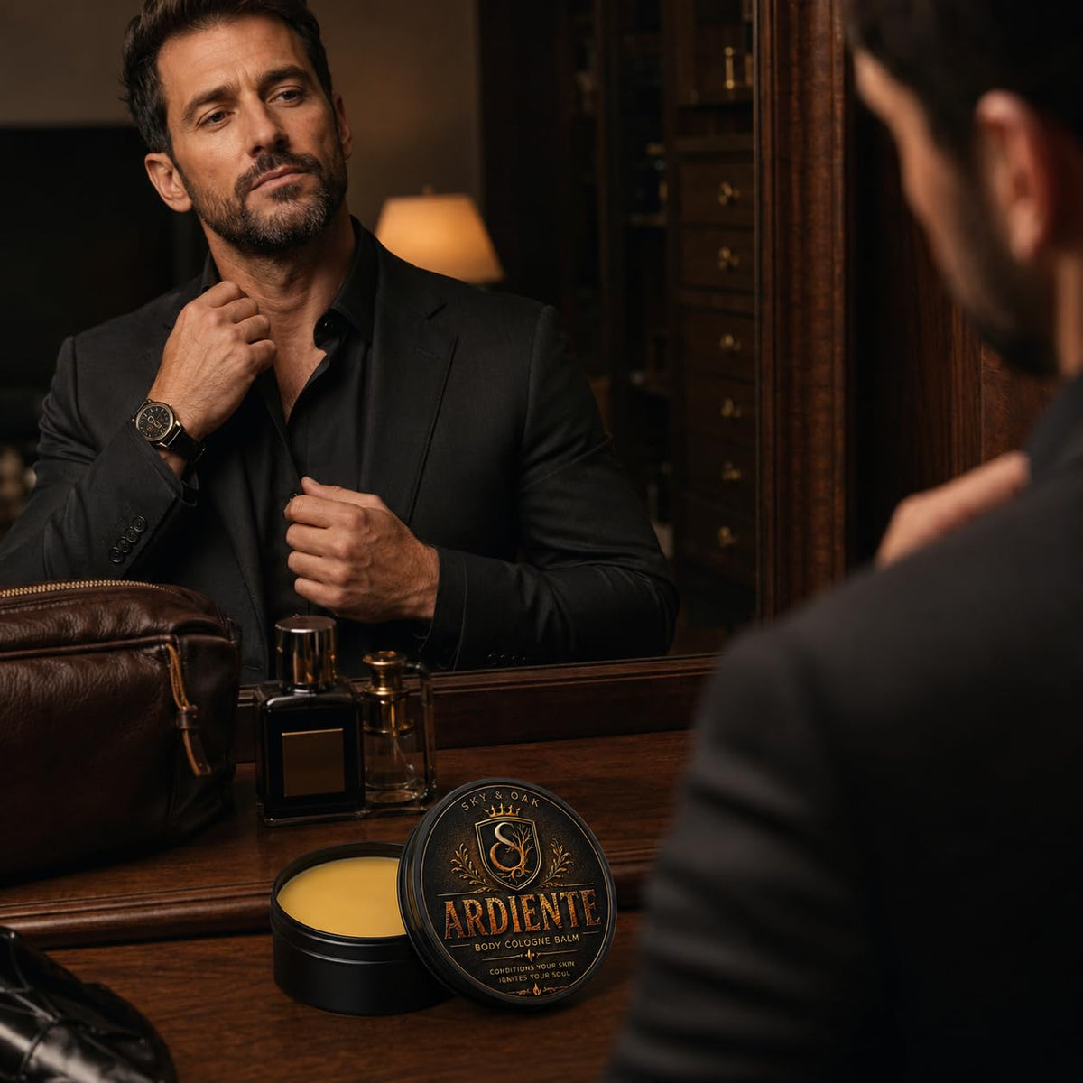 Sky and Oak Ardiente Solid Cologne Balm with other grooming products