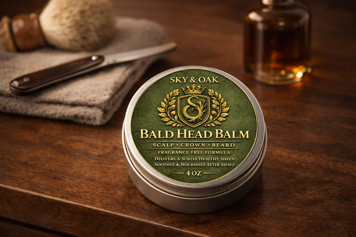 Sky and Oak Bald Head Balm applied to a bald head
