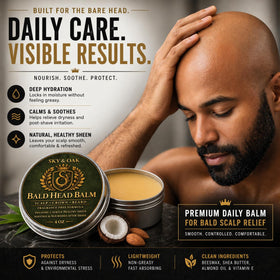Sky and Oak Bald Head Balm on a bathroom shelf