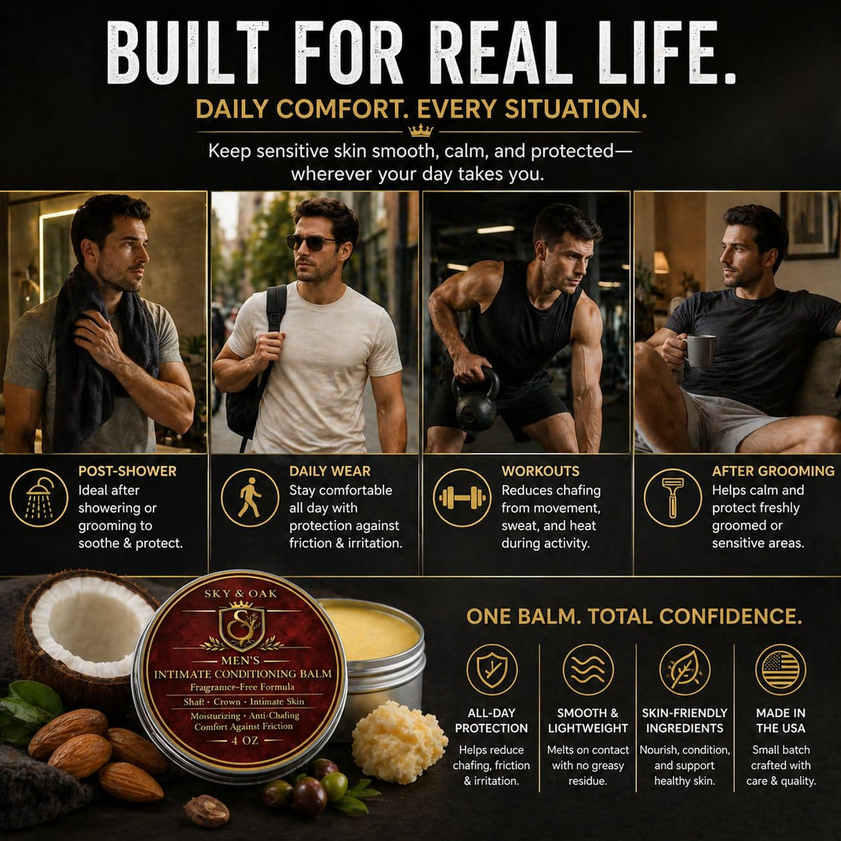 Sky and Oak Men’s Intimate Conditioning Balm 159g application on skin