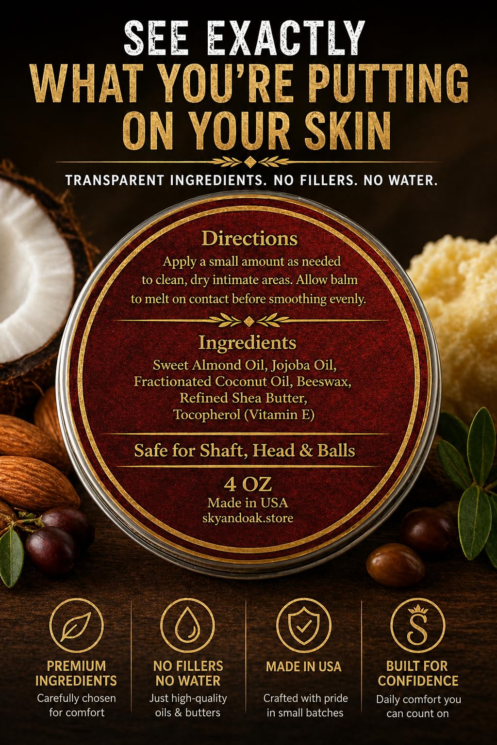 Sky and Oak Men’s Intimate Conditioning Balm 159g packaging side view
