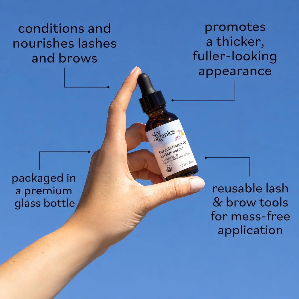 Sky Organics Castor Oil Eyelash Serum brown glass bottle with dropper
