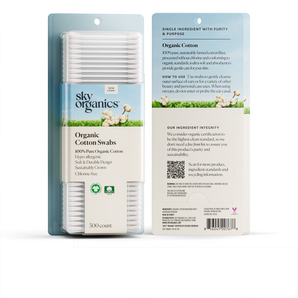 Sky Organics Organic Cotton Swabs 1000 Ct back view showing details