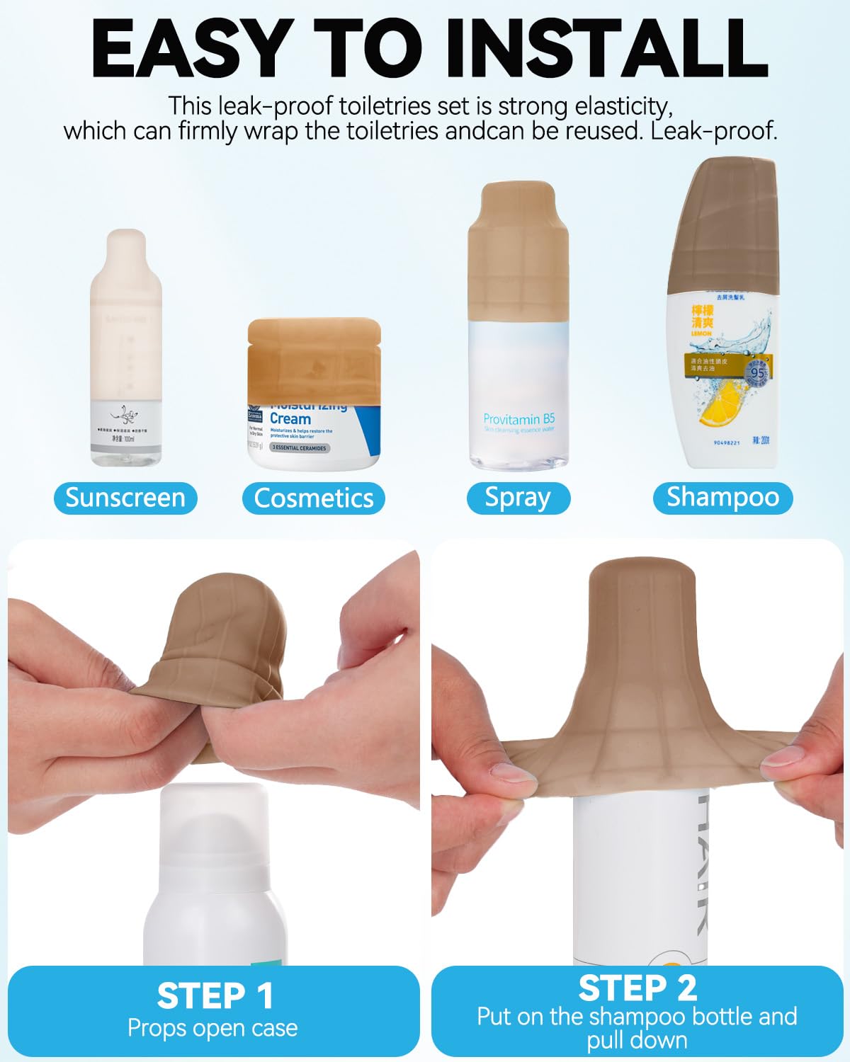 Skyconser silicone bottle covers in a travel bag