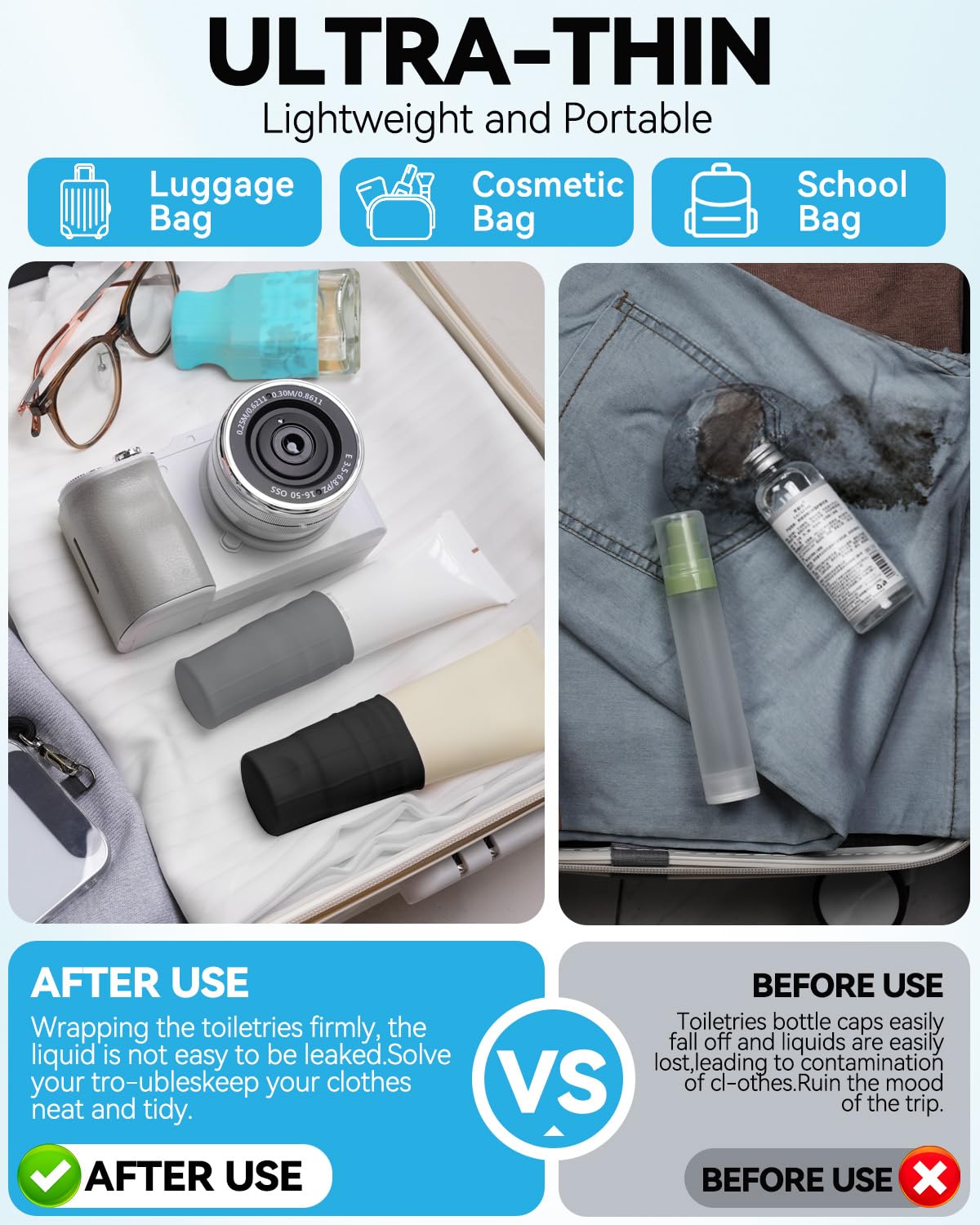 Skyconser silicone covers in travel toiletry bag