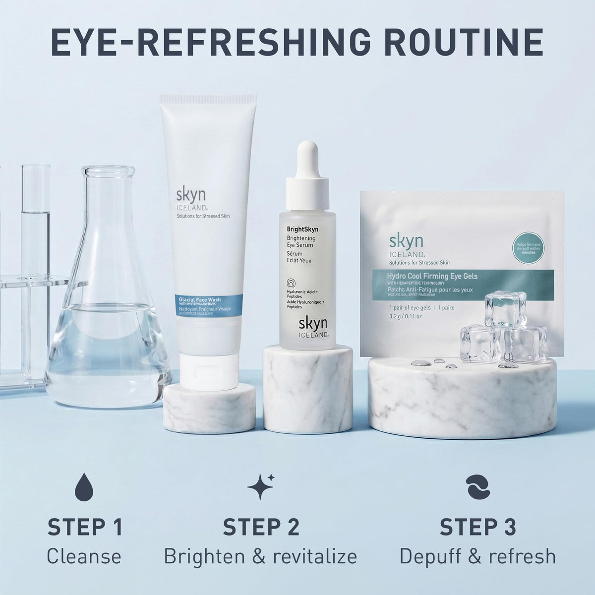 skyn ICELAND Hydro Cool Firming Eye Patches on a bathroom counter