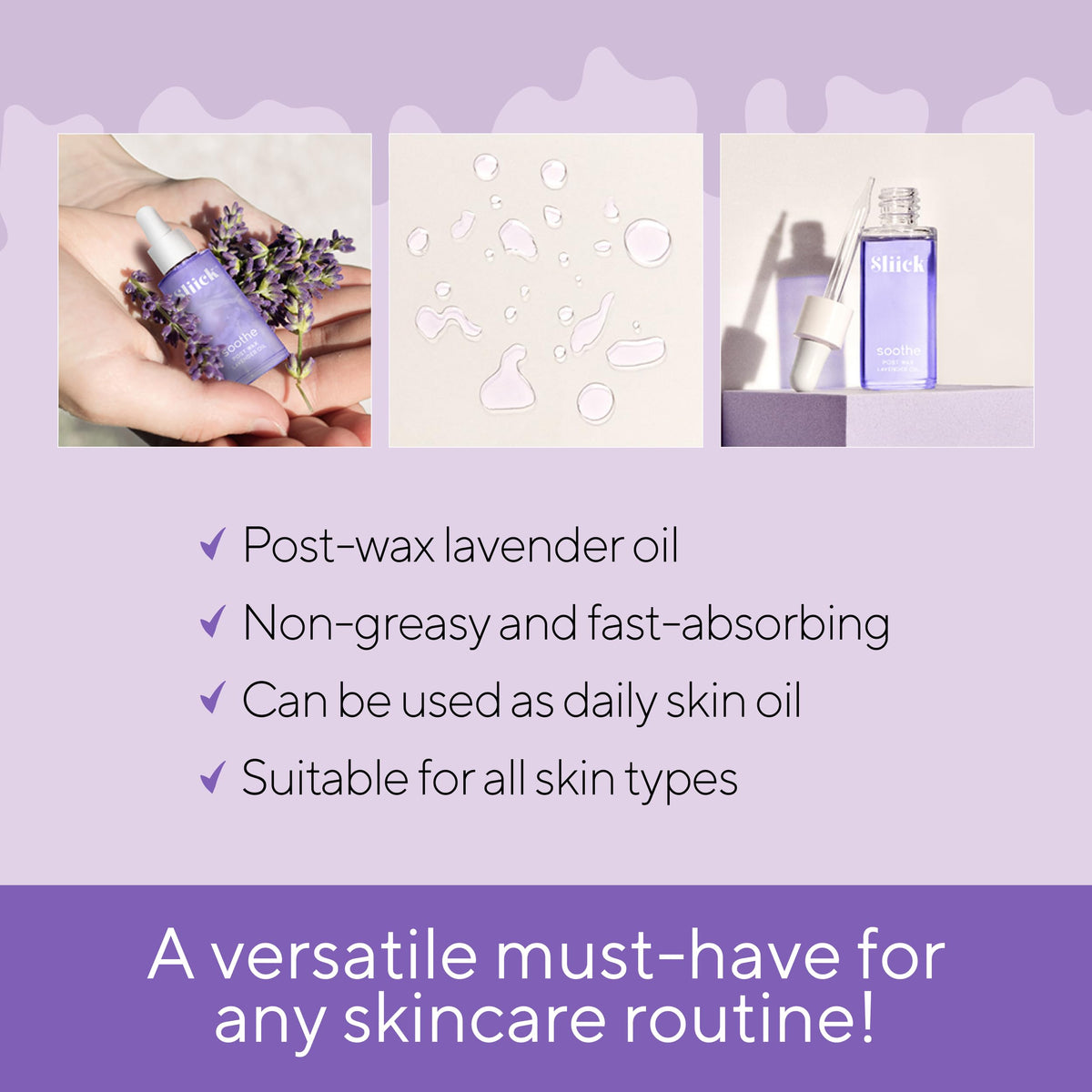 Sliick Soothe Post Wax Oil on skin close-up