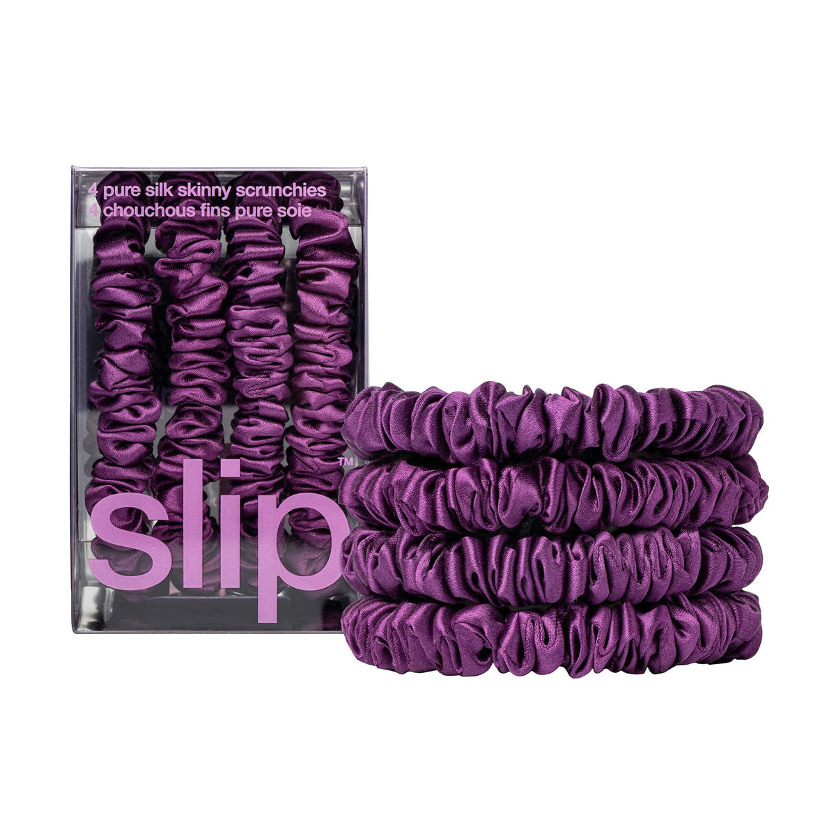 SLIP dark purple skinny scrunchies set of 4 front view