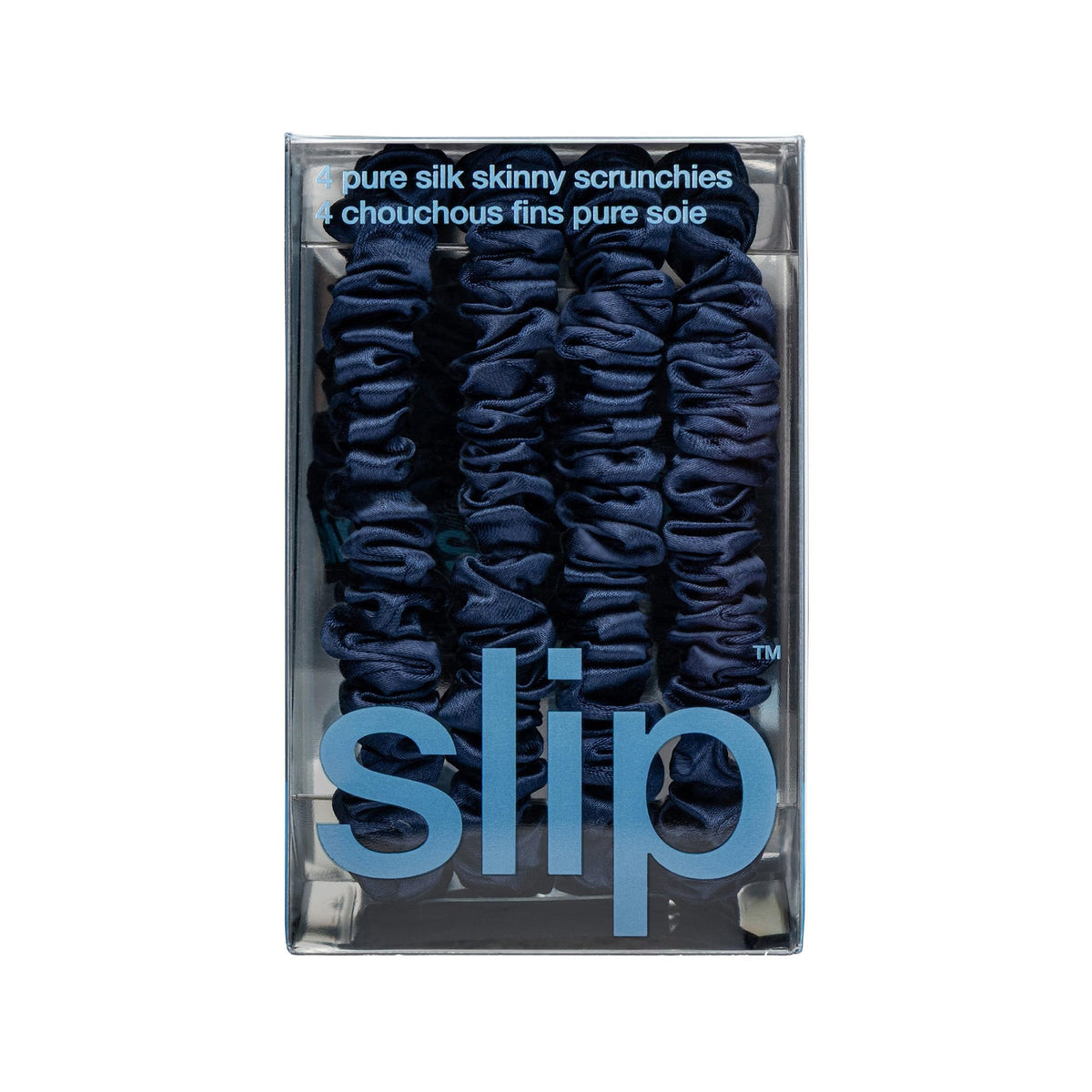 SLIP navy scrunchies with a stylish hairstyle