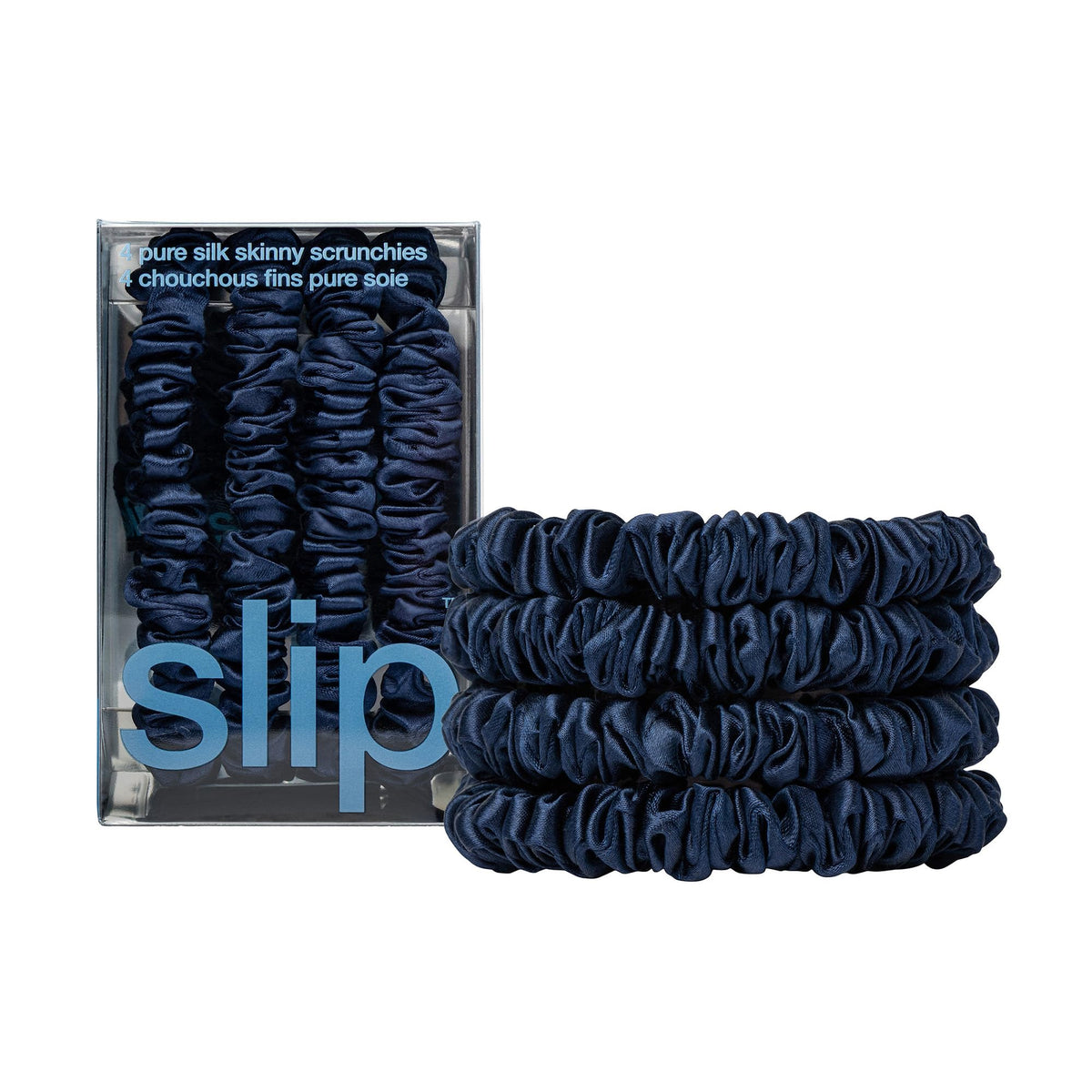 SLIP navy skinny scrunchies set of 4 front view