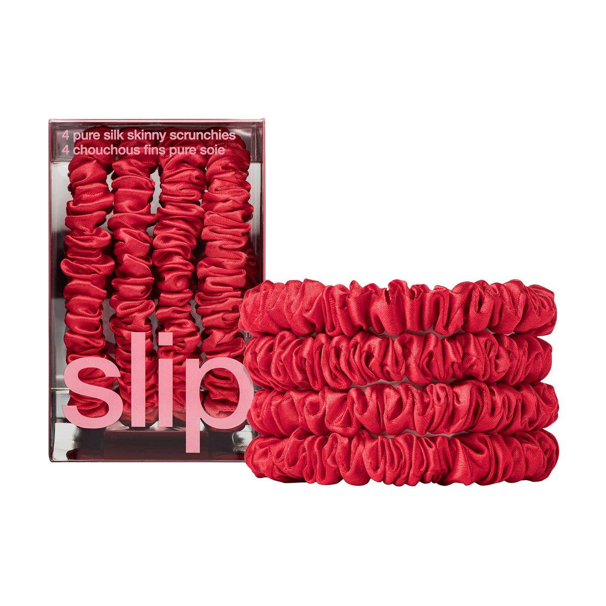 SLIP red silk skinny scrunchies set of 4 front view