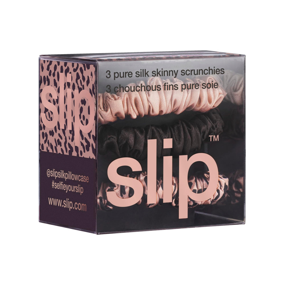 SLIP rose gold leopard skinny scrunchie displayed on a flat surface