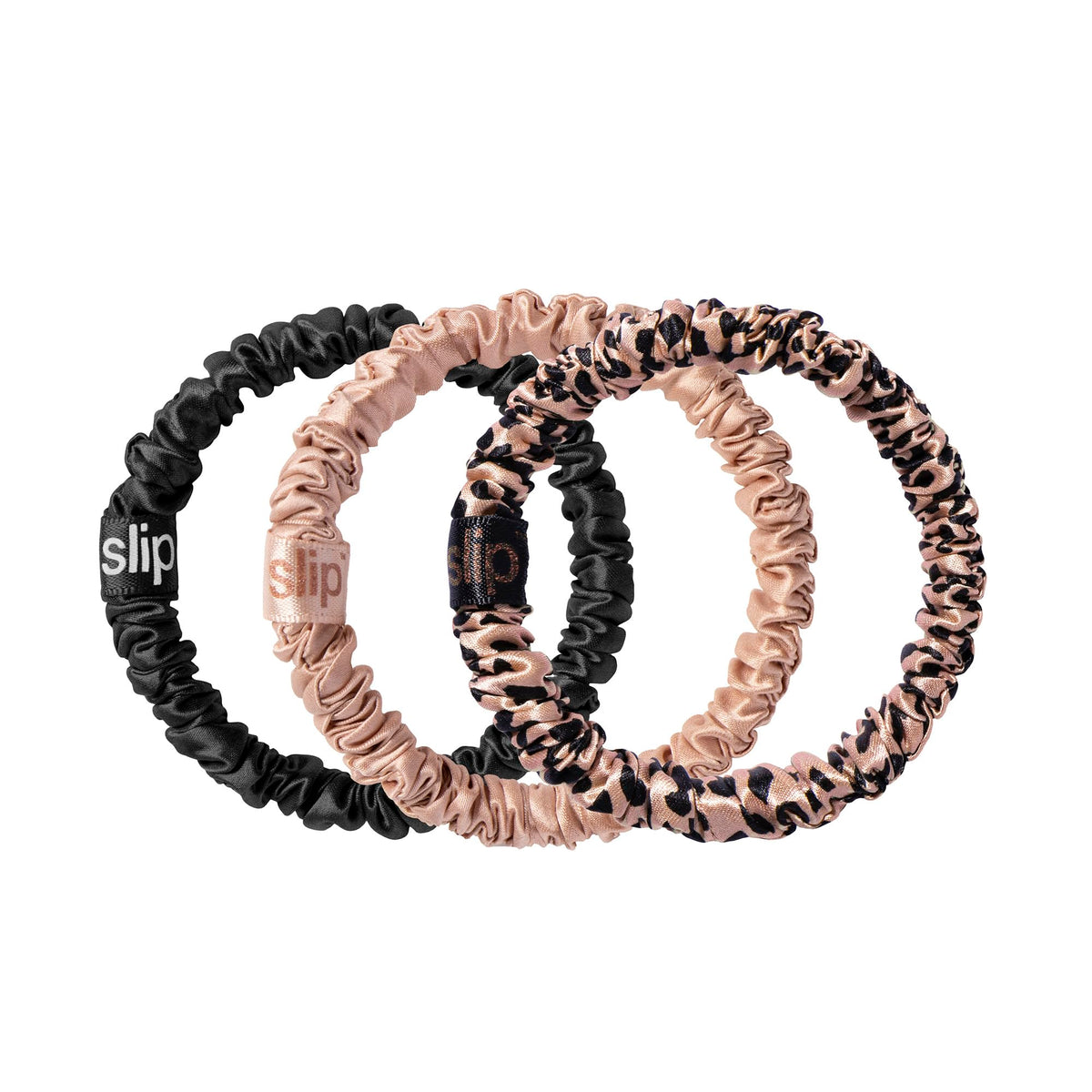 SLIP Silk Hair Ties Farrah Skinny Scrunchies set of 3 including black, rose gold leopard, and rose gold pure silk