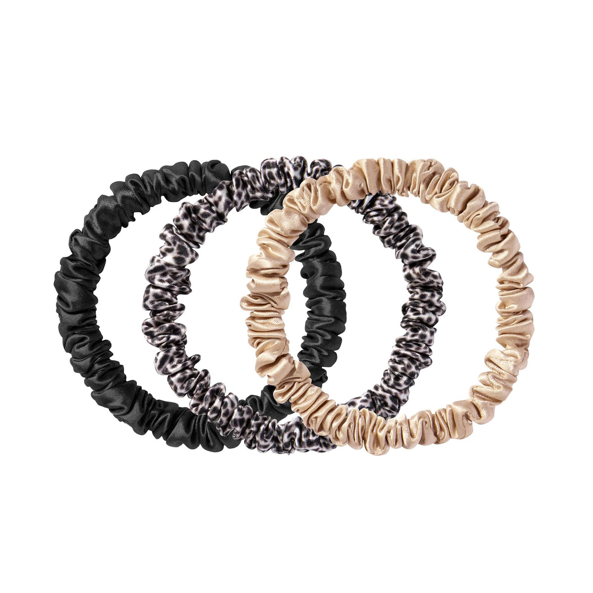 SLIP Silk Hair Ties Set of 3 in black, caramel, and leopard