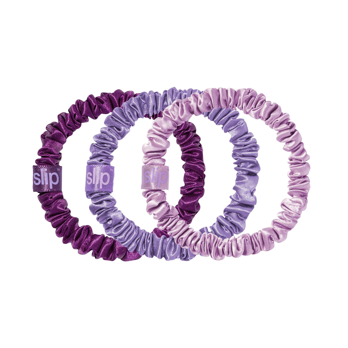 SLIP Silk Hair Ties Set of 3 Violet skinny scrunchies front view