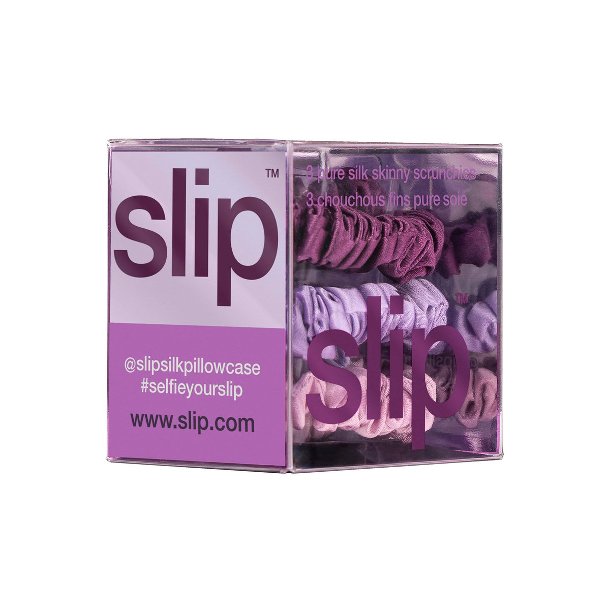SLIP Silk Hair Ties Set of 3 Violet skinny scrunchies in wildflower