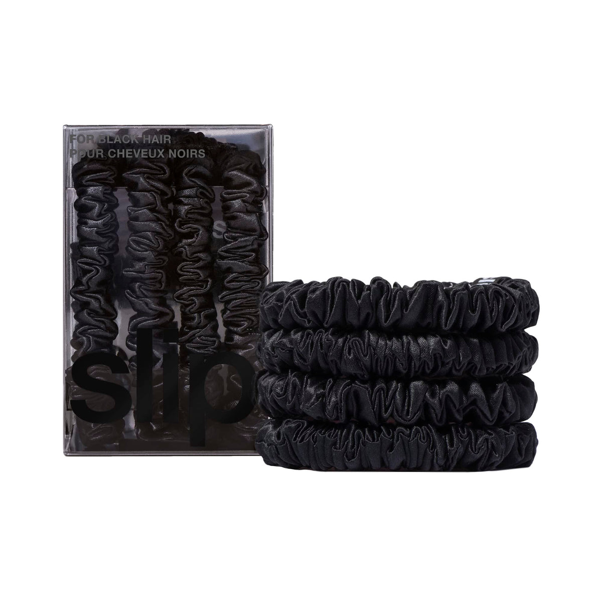 SLIP Silk Hair Ties Set of 4 black skinny scrunchies front view