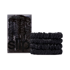 SLIP Silk Hair Ties Set of 4 black skinny scrunchies front view