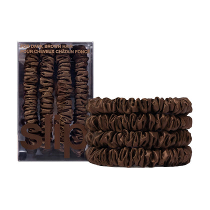SLIP Silk Hair Ties Set of 4 dark brown skinny scrunchies front view